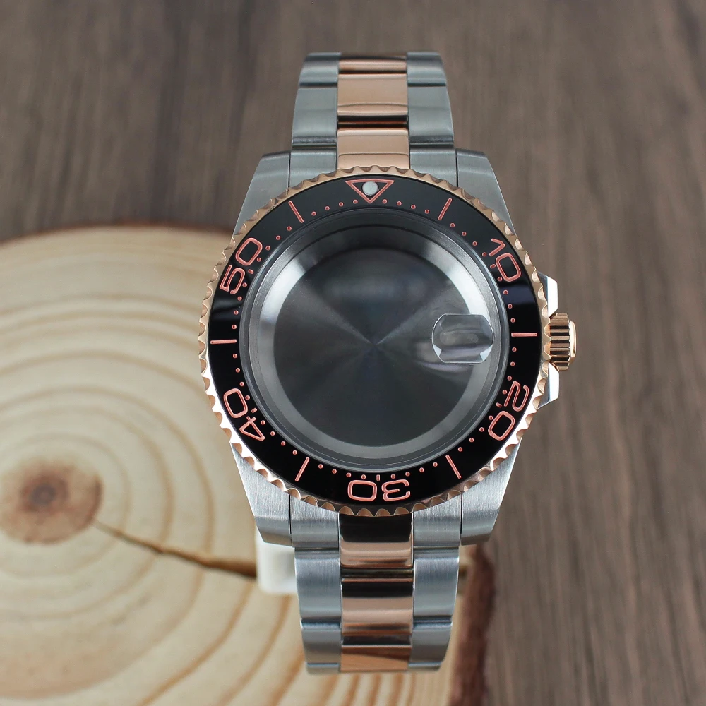 40mm Women's NH35 SUB Rose Gold Watch Case Sapphire Glass for Seiko NH35 NH36 NH38 8215 2824 PT5000 Sliding Lock Watch Bracelet