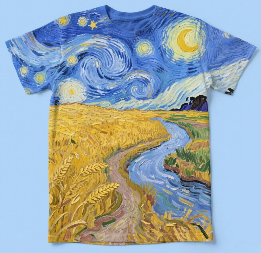 

2025 Van Gogh Starry Night T-Shirt - Blue Sky Wheat Field River Oil Painting Art Tee, Breathable Cotton Casual Wear