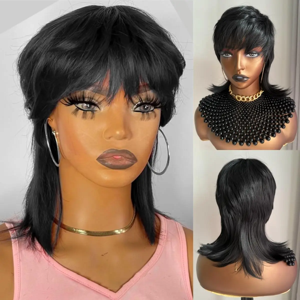 

WIGERA Synthetic Black Short Pixie Cut Wigs Wolf Cut Dovetail Body Wave Wigs Long Straight Water Wave Wig With Bangs For Women