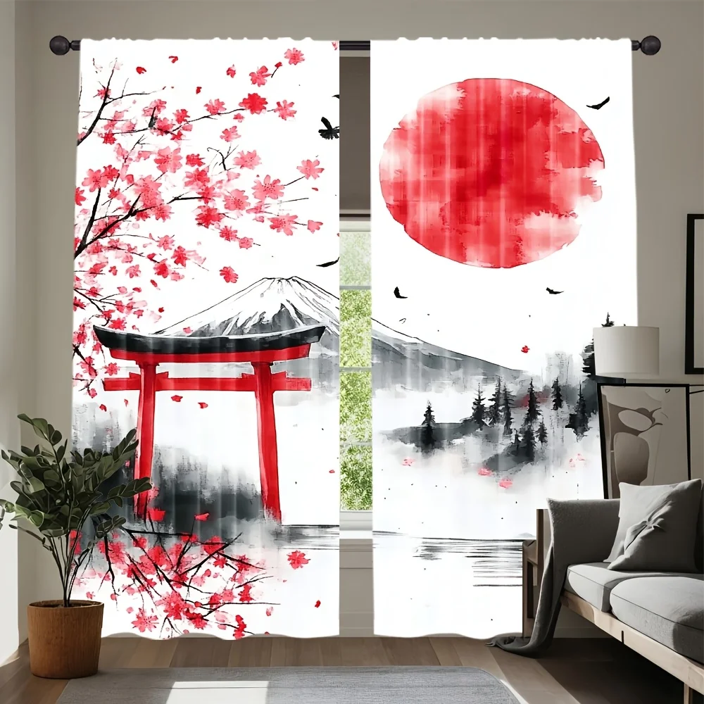 Oriental Ink Wash Fuji Sakura Torii Curtain Panels, Red Sun Pine Bird Full Print Drapes For Bedroom Living Room Tea Room Home