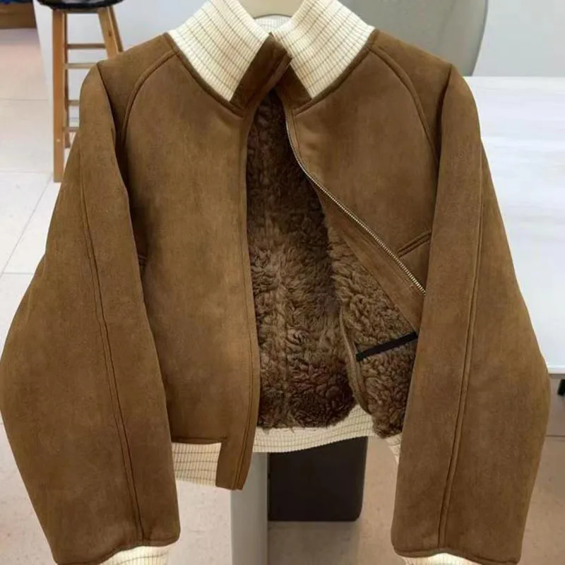 

2026 Autumn Vintage Stitching Suede Jacket Outwear Women's Winter New Loose Long Sleeve Short Thicke Warm Jacket Tops