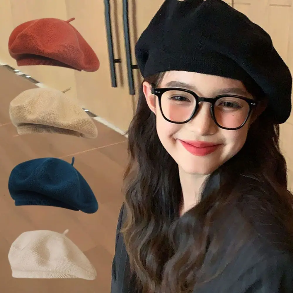 

Elegant Knitted Women Berets Elastic Keep Warm British Beanie Hat Korean Style Solid Color Painter Caps Autumn