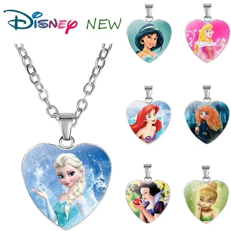 

Disney Frozen Moana Tangled Aladdin Necklace Love Heart Shape Pendant Girl Cartoon Anime Figures Princess Accessories Kids Gifts