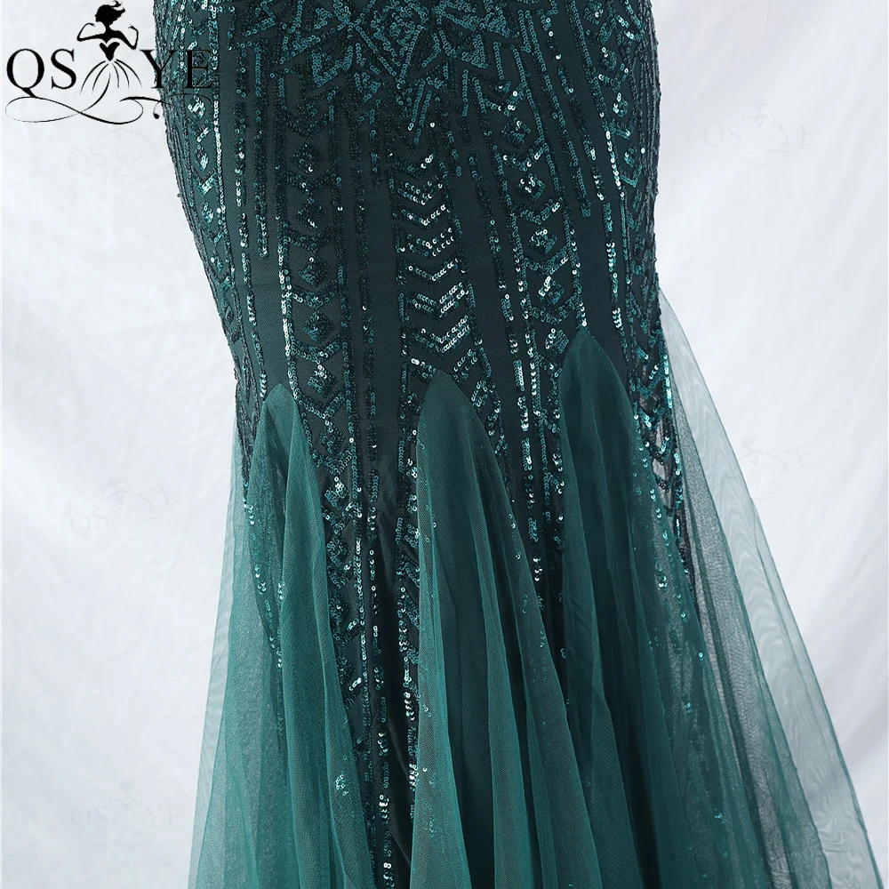 One Shoulder Emerald Prom Dress Mermaid Crystal Beaded Strings Pattern Sequin Lace Evening Dress Tulle Bottom Green  Formal Gown