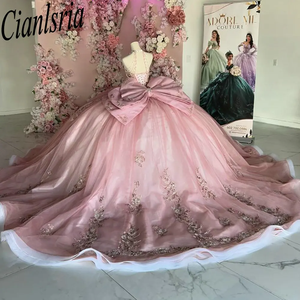 Robes de Quinceanera à nœud licou rose, robe de Rh, appliques de perles en dentelle, corset personnalisé, éducatif, XV Anos