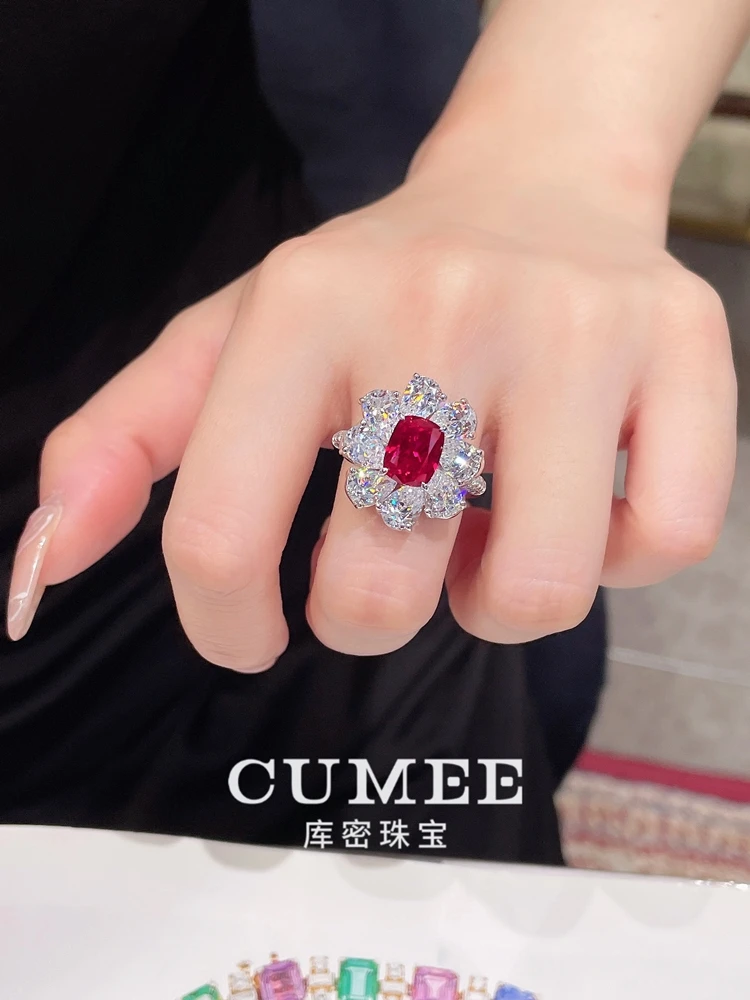 CUMEE Pigeon Blood Red CZ Gemstone Women's Ring European and American Brand Cultivated Synthetic Ruby Ring. Silver-plated Gold