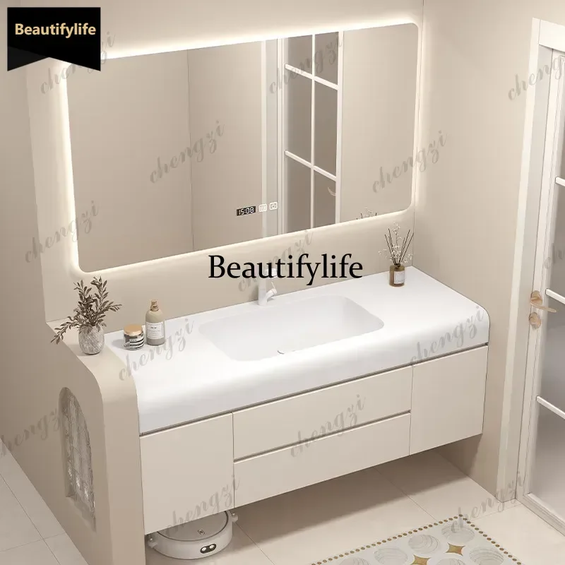 Modern Cream Style Bathroom Vanity Cabinet with DuPont Corian Integrated Wash Basin - Bathroom Storage Furniture b56