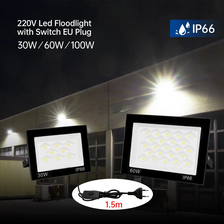 

Светодиодный прожектор 220В 30Вт 60Вт 100Вт с выключателем, вилка EU/AU/UK, уличный водонепроницаемый светодиодный прожектор для сада и улицы