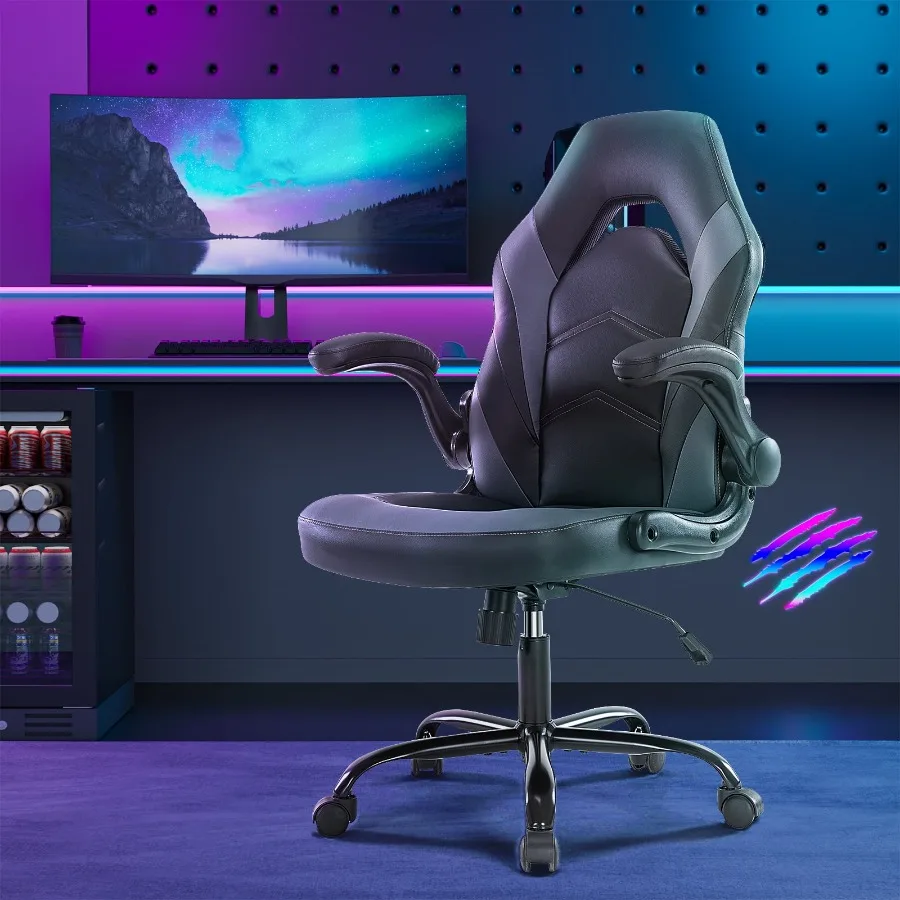 Ergonomic Gaming Chair with PU Leather Adjustable Swivel Computer and Office Desk Chair with Flip-Up Armrests Gray view 3