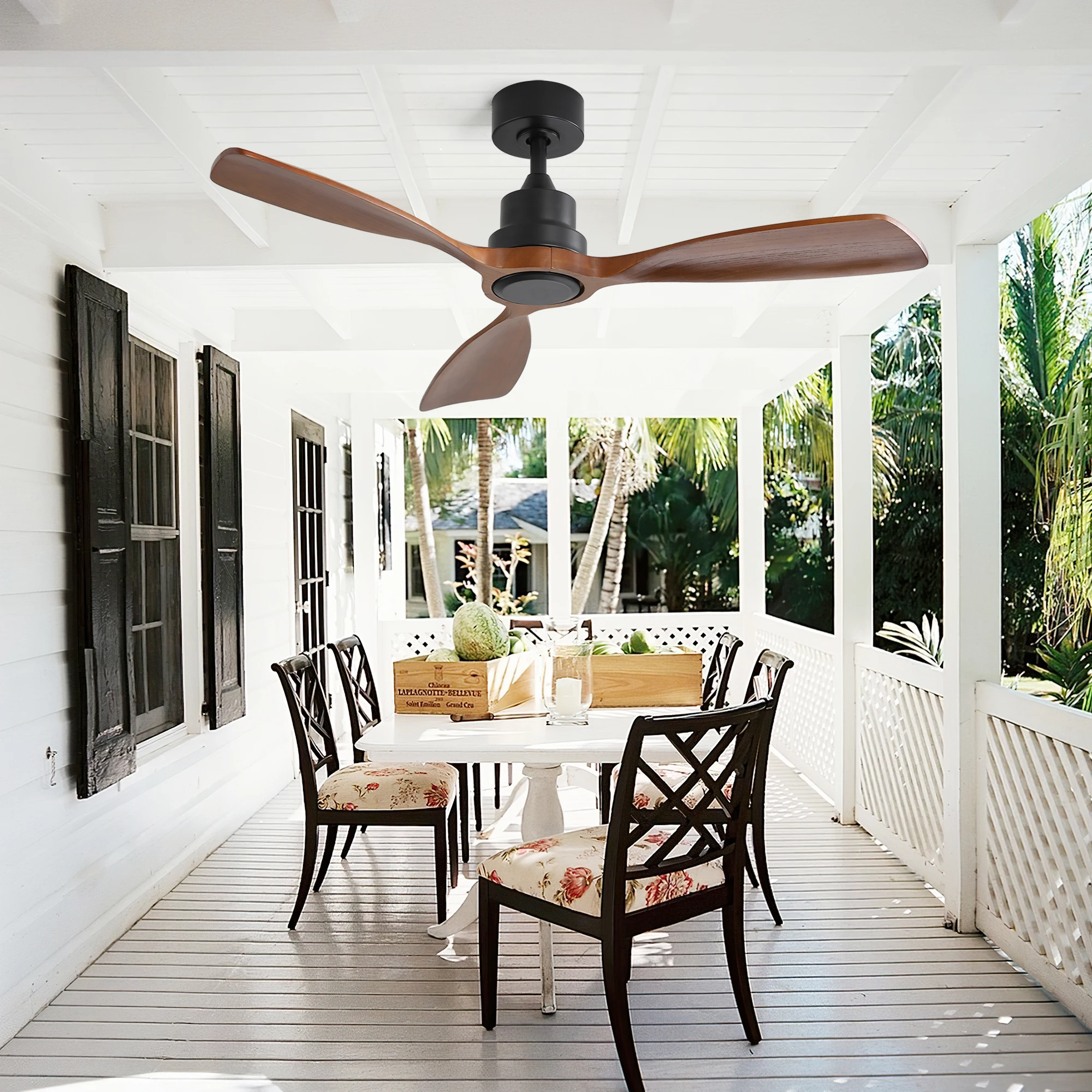 

48 Inch Ceiling Fan Without Light, 3 Solid Wood Blades Outdoor Ceiling Fan 6-speed Reversible DC Motor for Living Room