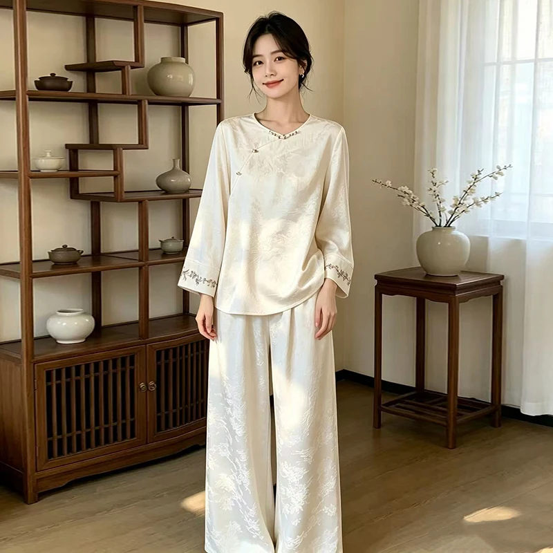 New Chinese Style Embroidered Long Sleeve round Neck Shirt Women's Top Floral Patterned Pants Set Traditional Wedding Attire
