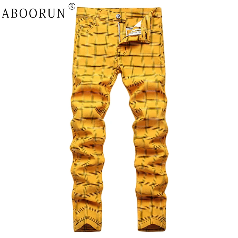 ABOORUN Men Casual Plaid Striped Jeans Skinny Stretch Pencil Denim Pants Plus Size Cotton Trousers for Male