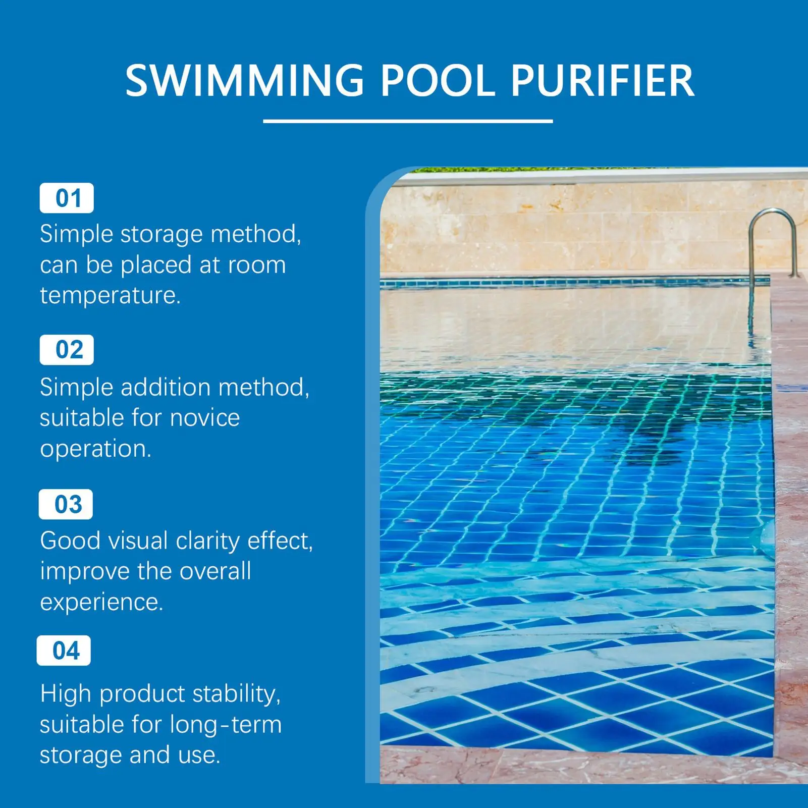 Picture 5: 100Ml No Odor Liquid Pool Water Clarifier Fast Dissolving Powerful Cleaner for Hotel Swimming Pool Cleaning Solution