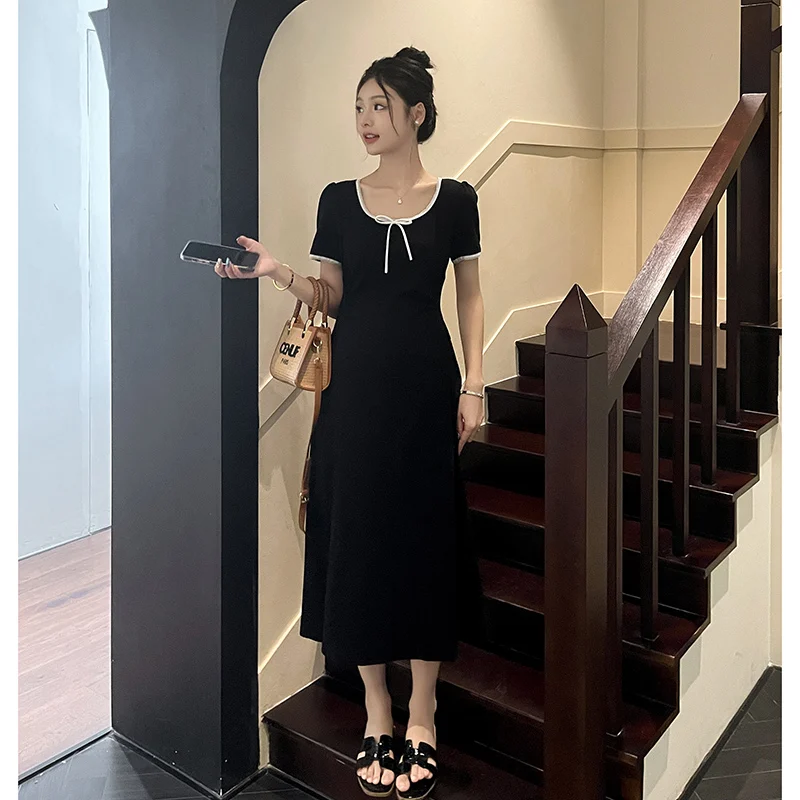 French Style Pregnant Women\'s Summer Dress Short Sleeve O-Neck Maternity Black Dress with White Ribbon Pregnancy Party Dresses