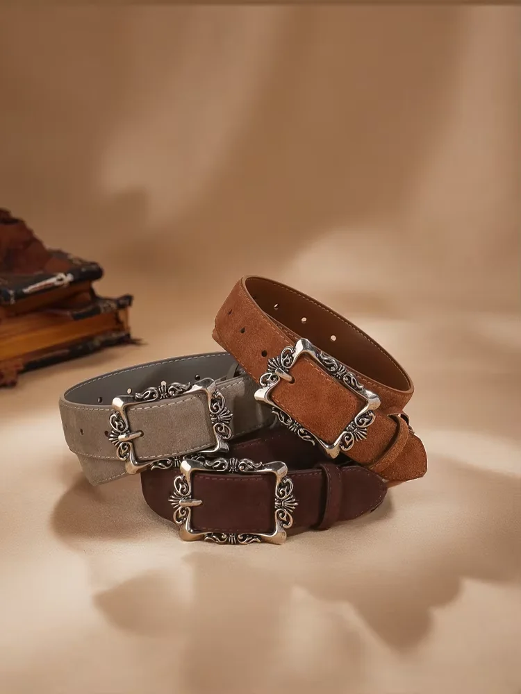 

Vintage Suede Leather Belt for Women Luxury Silver Metal Buckle Waistband Casual Fashion Girdle for Jeans Dresses Coats