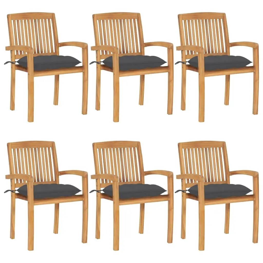 

Garden Chair Set of 6 Gray Teak Wood Outdoor Seating with Comfortable Polyester Cushions