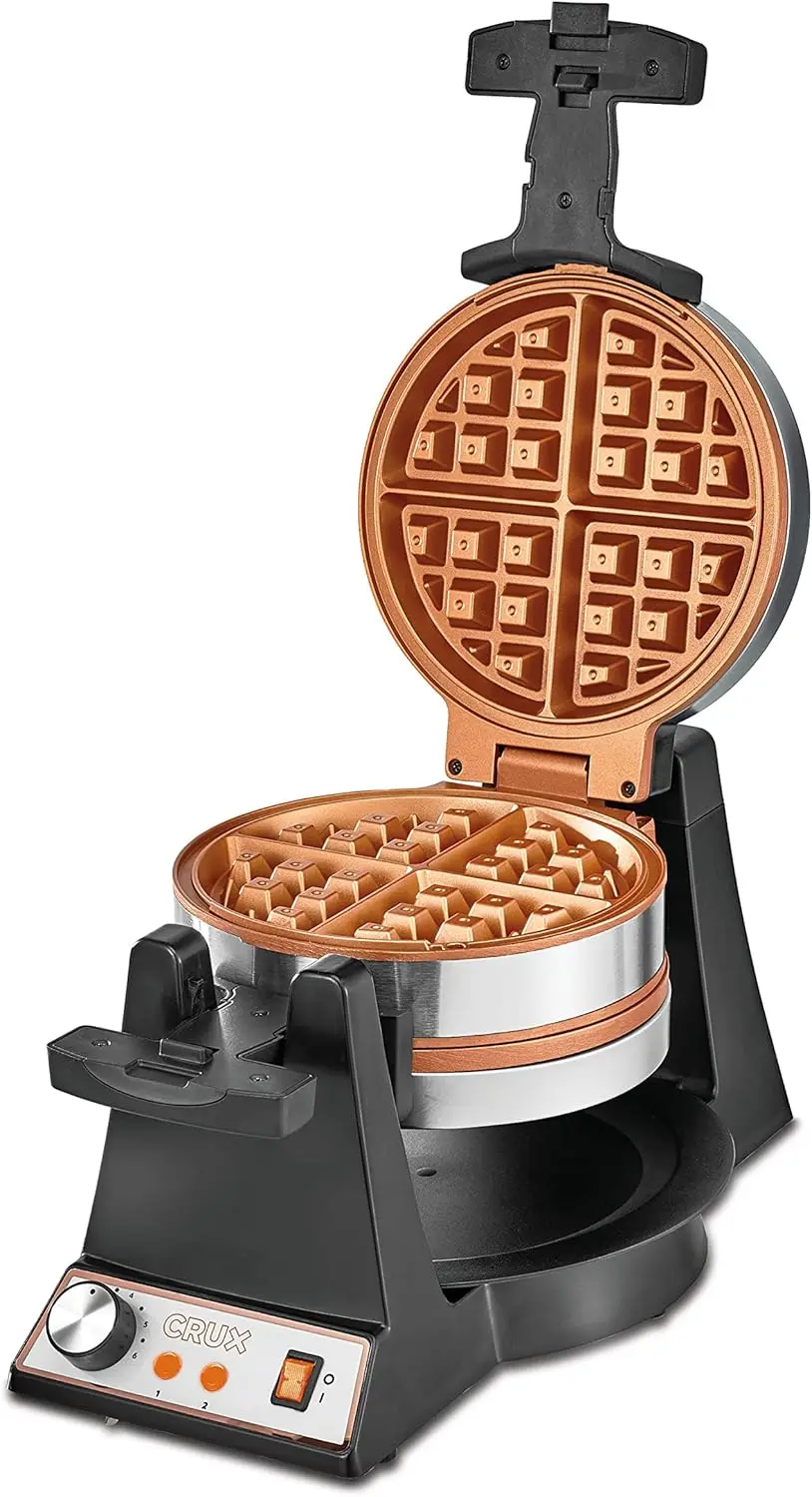 Double Rotating Belgian Waffle Maker, Keto Chaffles Iron with Nonstick PFOA Free Copper Plates for Easy Food Release, Browning C