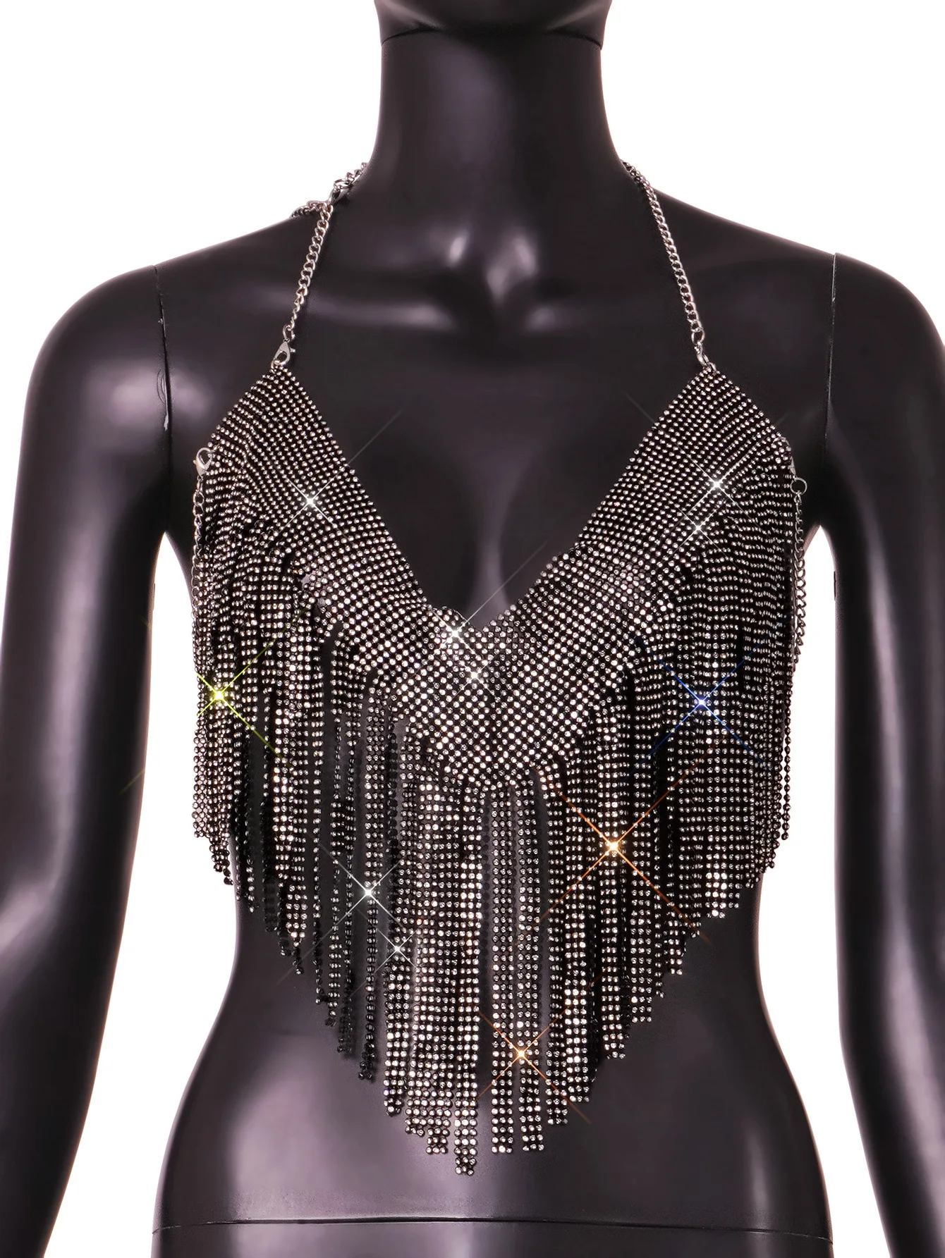 Bling Rhinestones Tassel Party Crop Top Woman V-Neck Backless Metal Chain Tank Tops Diamond Sequins Nightclub wear