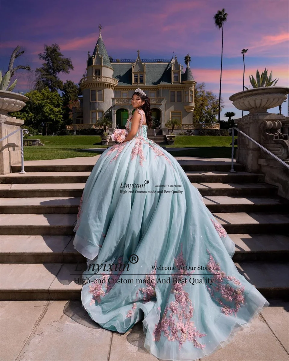 فستان الأميرة Quinceanera مكشوف الكتفين ، الأناقة ، السماء الزرقاء ، ثوب الكرة ، الزهور الوردية ، الخرز زين ، تول ، الحلو ، 16