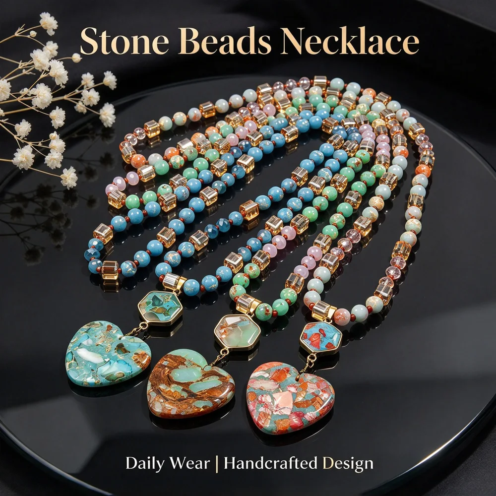 Handmade Composite Stone Beaded Long Statement Necklace For Women Heart Pendant Bohemian Daily Wear Neck Jewelry