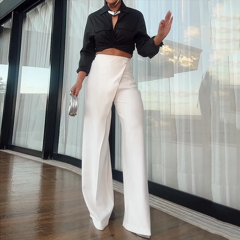 Wefads Two Piece Set Women\'s 2024 New Summer Casual Solid Lapel Long Sleeve Pocket Top Irregular Button Straight Pants Sets