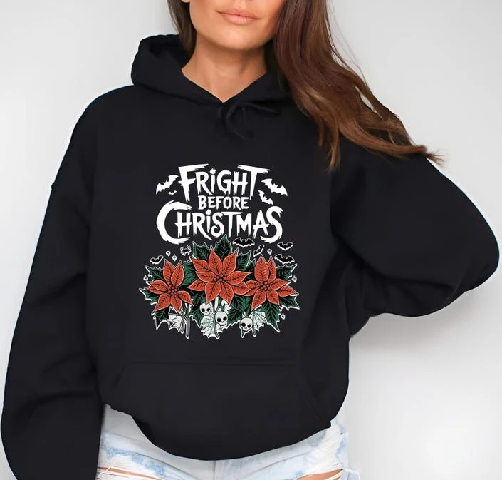 

Fright Before Christmas Sweatshirt Spooky Holiday Hoodie Halloween Sweater Gothic Festive Skull Harajuku Stretchy Printed Hoodie