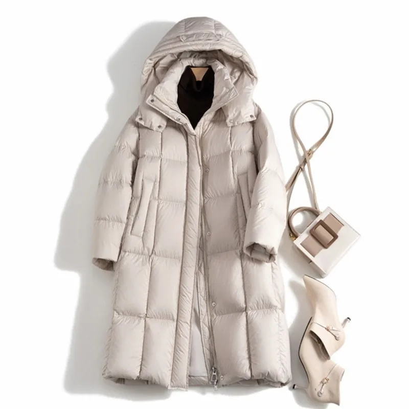 

2025 New High End Large Quilt Over The Knee Puffer Jacket Women Thickened Warm Hooded White Duck Down Coat Casual Parkar Outwear