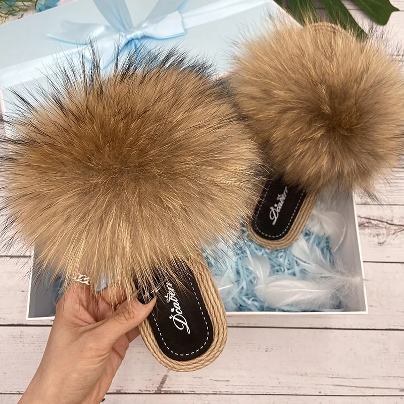 Fur Slippers Woman Flats Faux Straw Sandals Real Raccoon Fox Fur Summer Ladies Light Flip Flops 2024 Fashion New Beach Slides