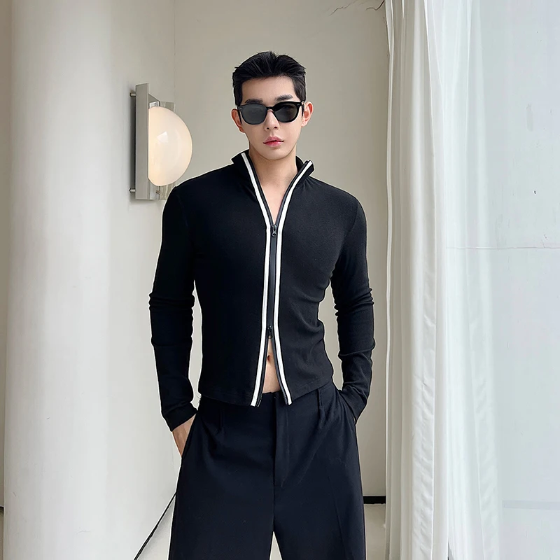 Skinny Double Head Zipper Long Sleeve Slim Fit Turtleneck T-shirt Men Korean Streetwear Vintage Tees Shirts Women Tshirts