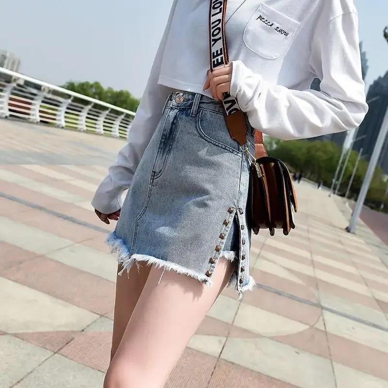 Faldas vaqueras azules para mujer, Chorts con pantalones con abertura, estilo coreano corto, elegante, tendencia 2021, falda vaquera elegante de verano con escote en V para mujer