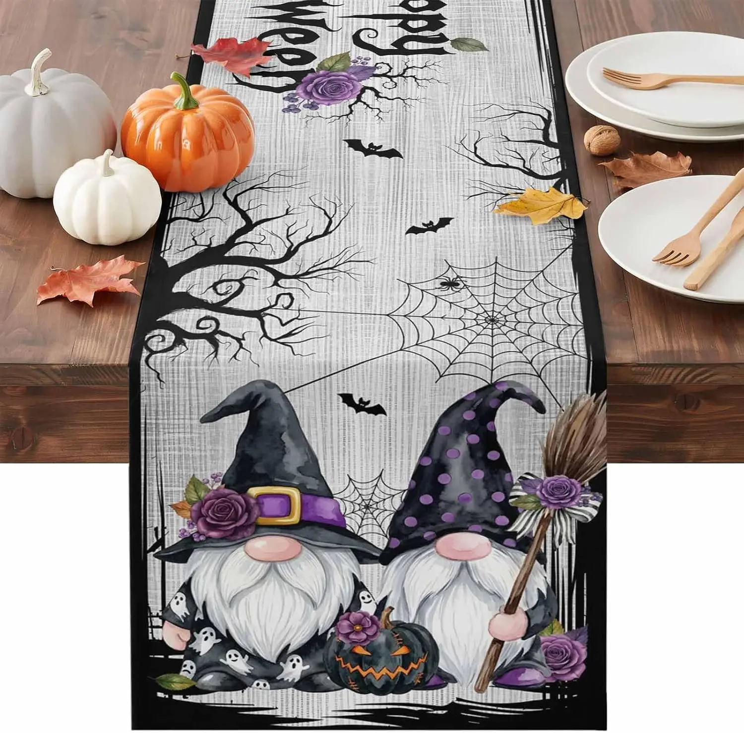 Halloween Spooky Gnomes Bats Floral Linen Table Runner Home Decor Washable Kitchen Dining Table Runners Halloween Decorations