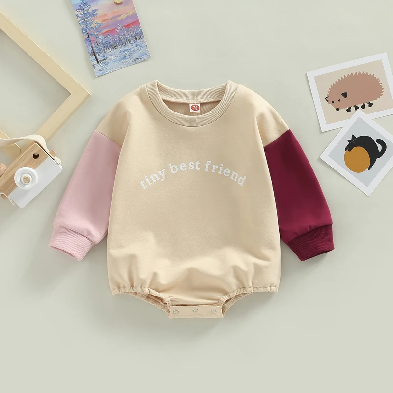 Newborn Baby Girl Cotton Romper Patchwork Crew Collar Bottom Snap Long Sleeve Sweatshirt Jumpsuit Spring Fall Clothes