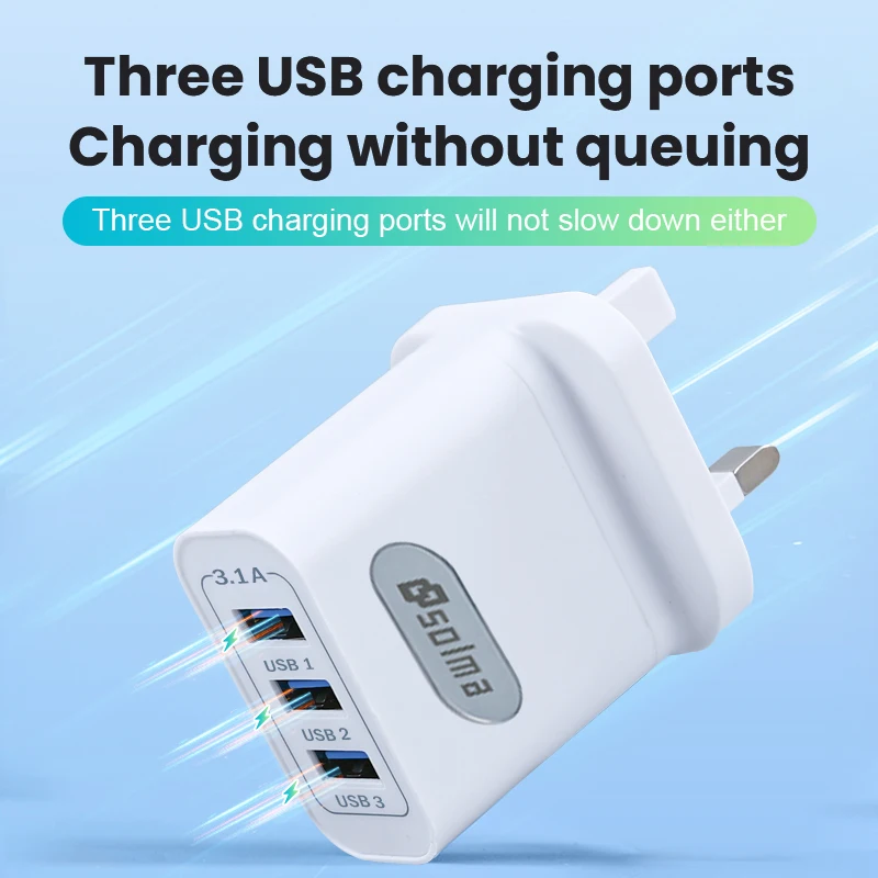 SOLMA UK Standard Charging Head 3 Ports 3.1A USB Charger For iPhone Xiaomi With Display Mobile Plug Universal Fast Charger