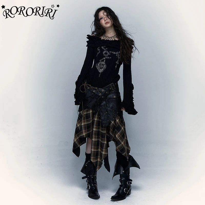 RORORIRI Frill Knit Top Skirt Women 2-piece Set Long Sleeves T-shirt Retro Plaid Stitch Leather Long Skirt Steampunk Y2k Clothes