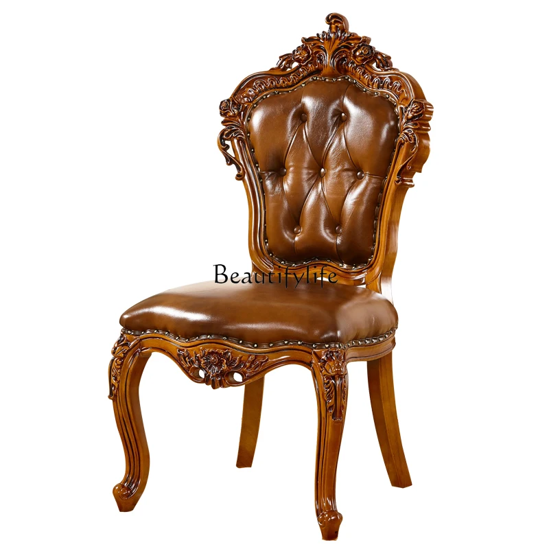 

European-style Genuine Leather Dining Chair American-style Solid Wood Carved Dining Room Study Backrest Leisure Chair