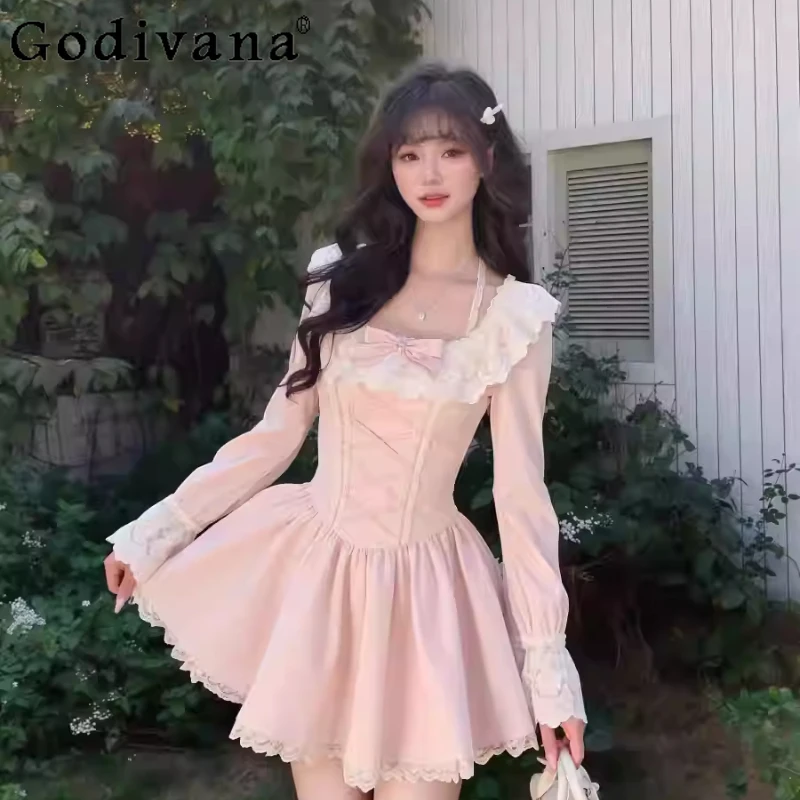 

Autumn Winter Large Size Girl French Sweet Square Neck Pink Dress Fashion Versatile High Waist Lace Long Sleeve Princess Dresses