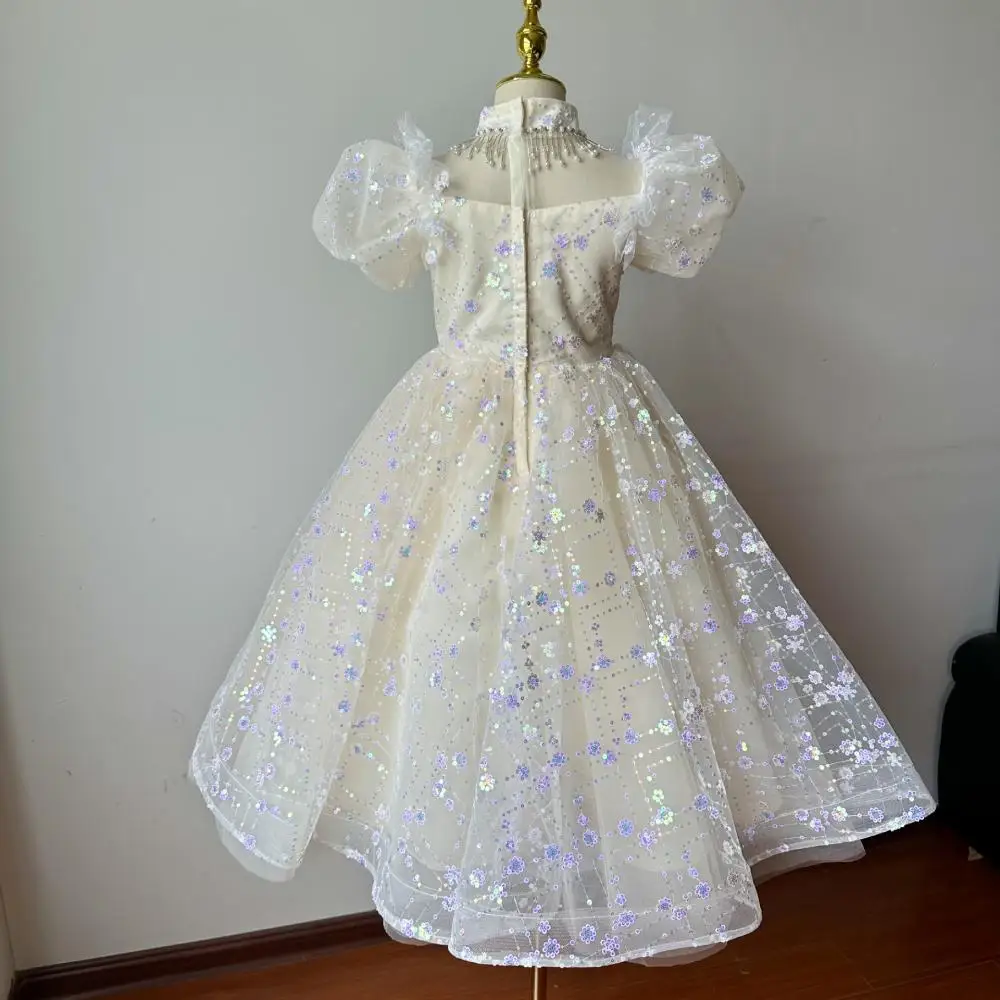 2024 Boutique Bubble Sleeves Children Princess Dress Girls Sequin Fashion Dresses Luxury Ball Gown for Kids Girl Wedding Costume