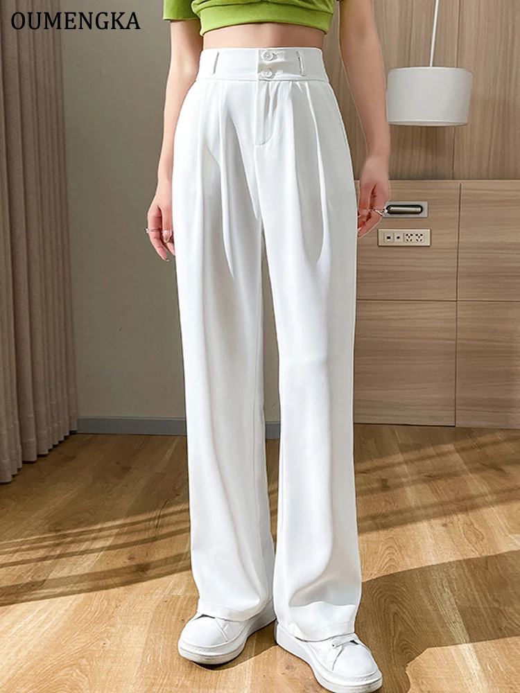 OUMENGKA Wide Office Anti Winkle Trousers for Women High Waist White Straight Stacked Pants with Pockets Double-button Classic