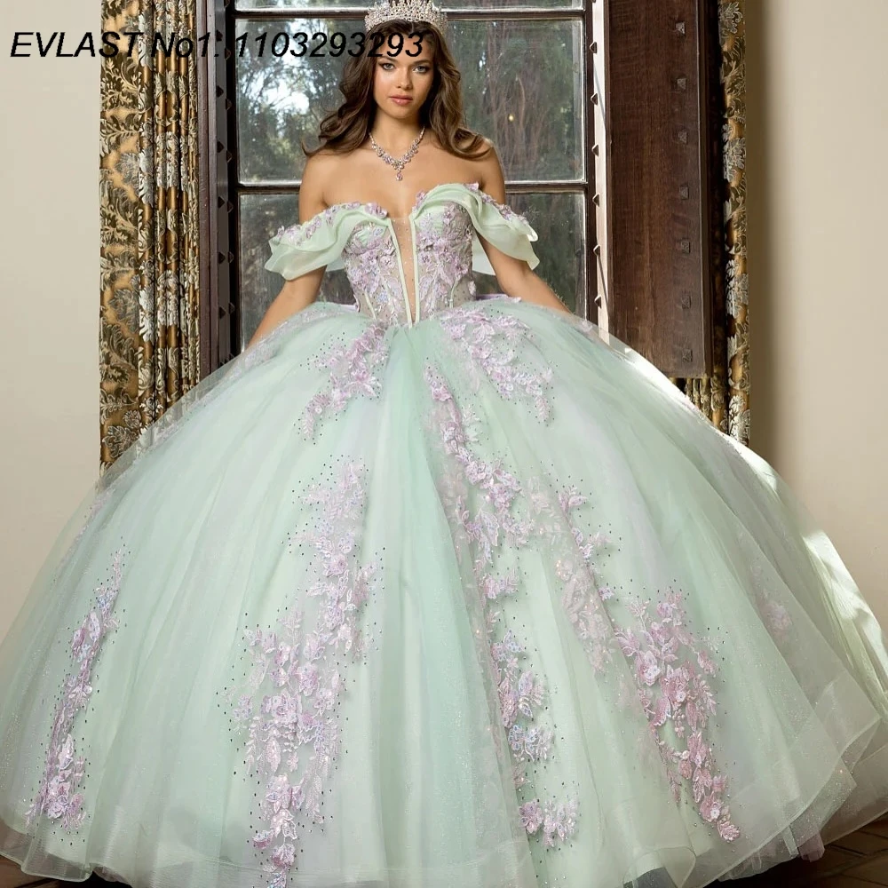 

EVLAST Customized Glitter Sage Ball Gown Quinceanera Dress Lilac Lace Applique Beading Bow Sweet 16 Vestidos De 15 Anos E1Q929
