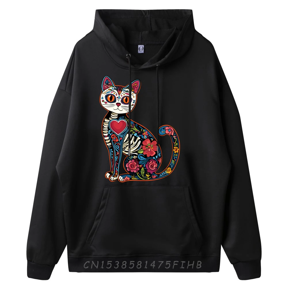 Sugar Skull Day Of The Dead Cat Art Halloween Cat Lover Cream Hoodie New In Tops And Sweatshirts