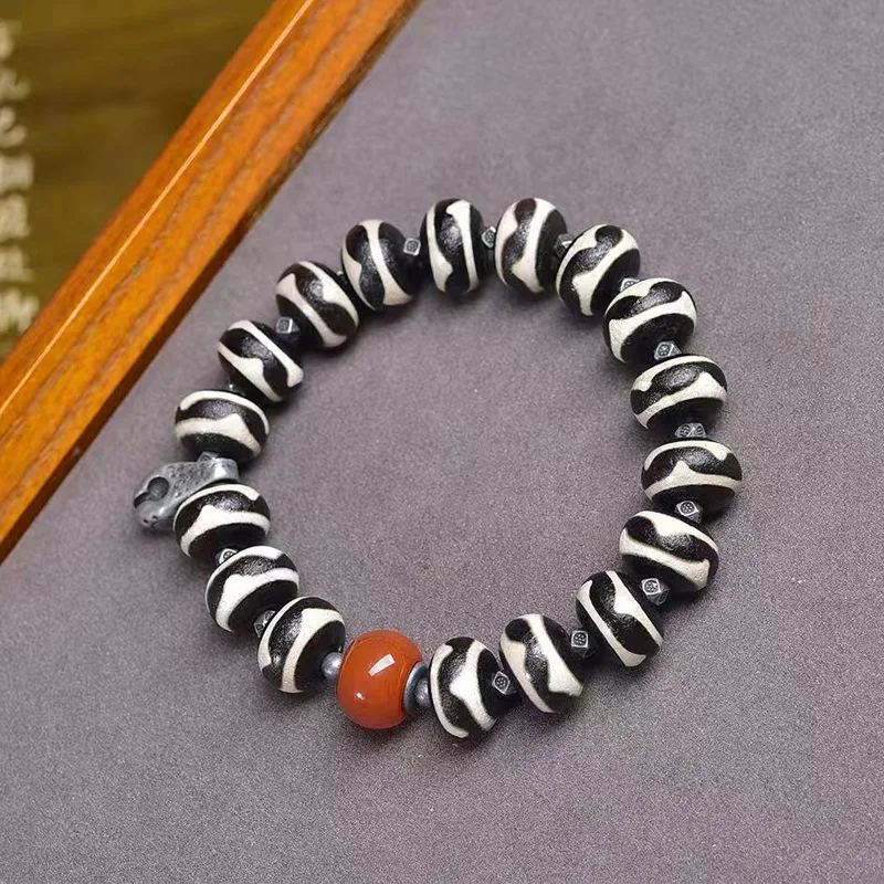

Натуральный тигровый зуб Дзи, один круг, тибетский серебряный красный агат, аксессуары, буддийский браслет из бисера