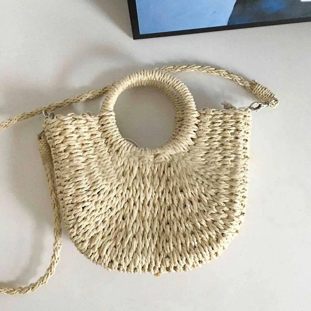 Summer Handmade Bags for Women Beach Weaving Ladies Straw Bag Wrapped Beach Bag Moon shaped Top Handle Handbags Totes