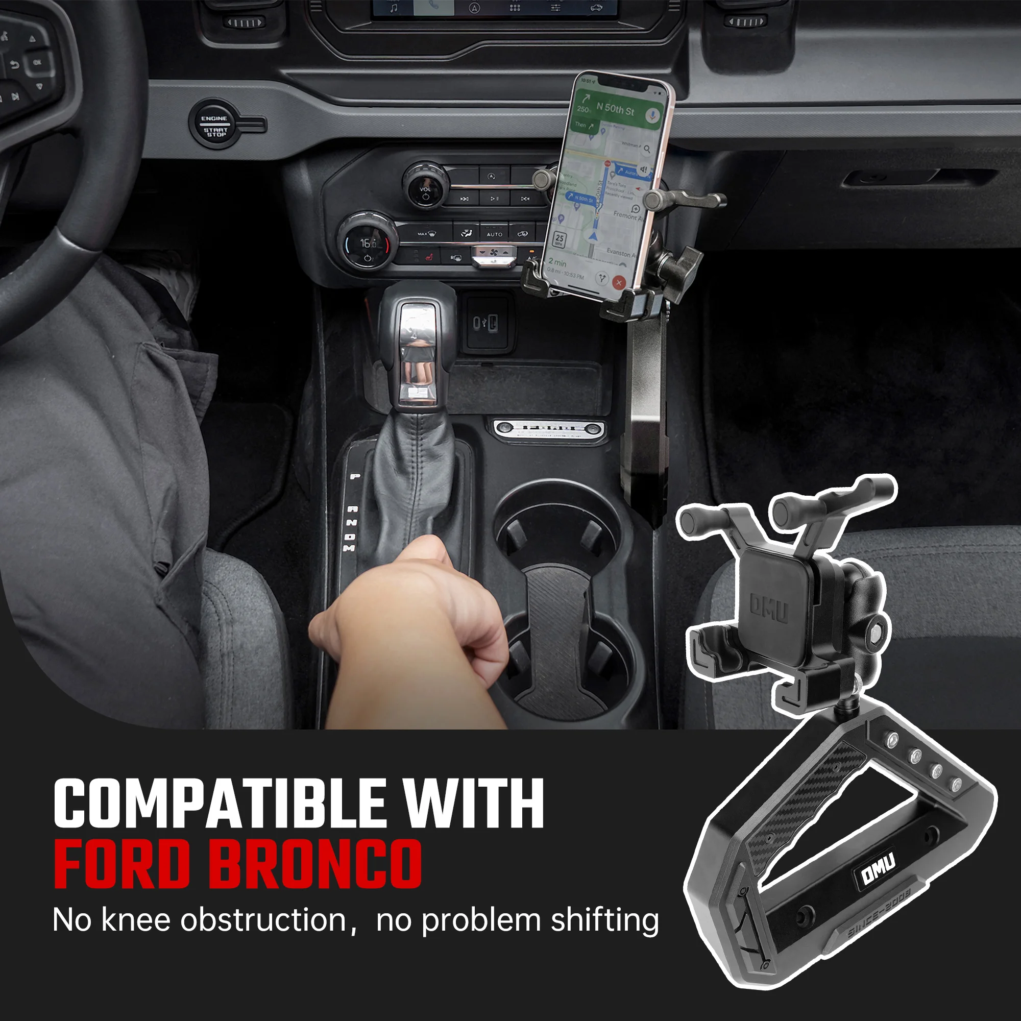 OMU 4x4 Aluminium Center Console Grab Handle with Cell Phone Holder Adjustable Anti-Shake Stabilizer For Ford Bronco 2021-2025