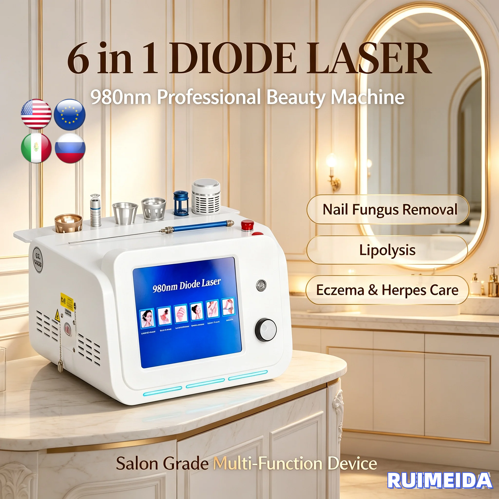 980nm Diode Lase Vascular Removal 6 In 1 Machine Nail Fungi Remove Eczema Herpes Spider Varicose Fiber Optic Lipolysis Machine