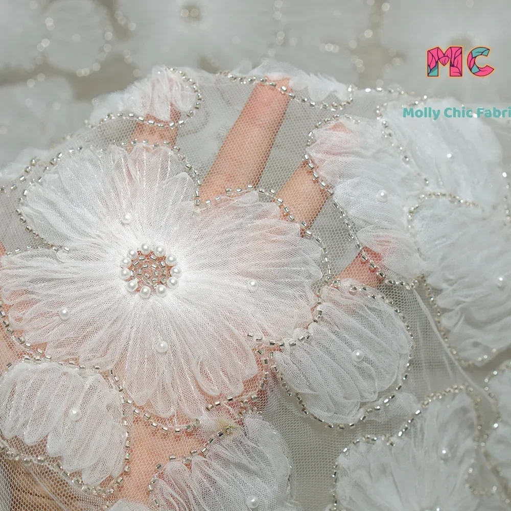 Flower 3D Nail Bead Embroidery Lace Breathable Fabric Sewing Wedding Dress Evening Dress Adult Dress Fabrics For Sewing