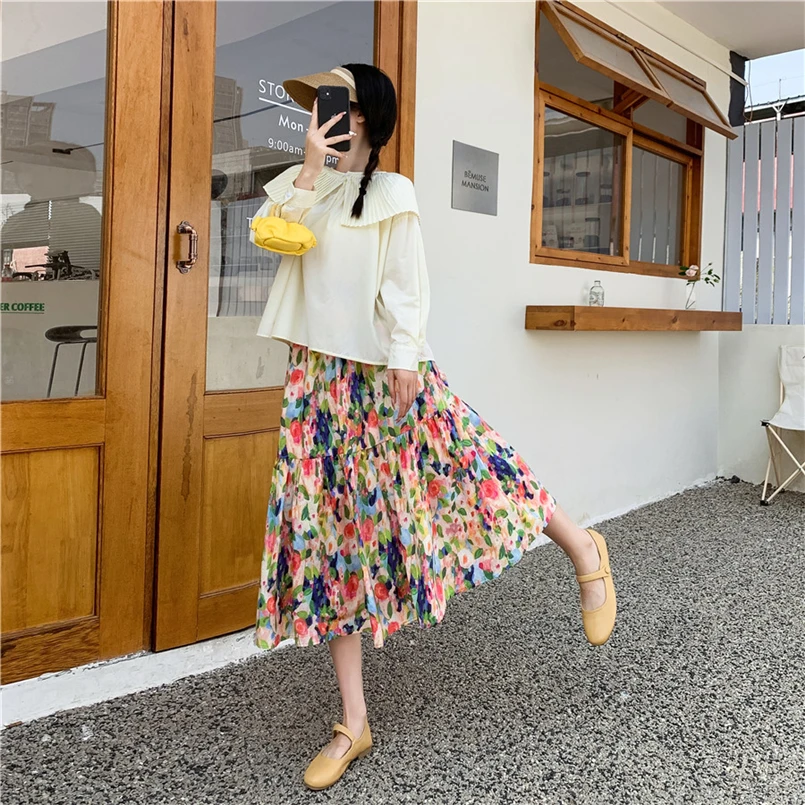

Vintage Floral Print A-line Pleated Long Skirts Summer Women 2025 Fashion Skirts Streetwear Elastic Waist Skirts Plus Size M-7XL