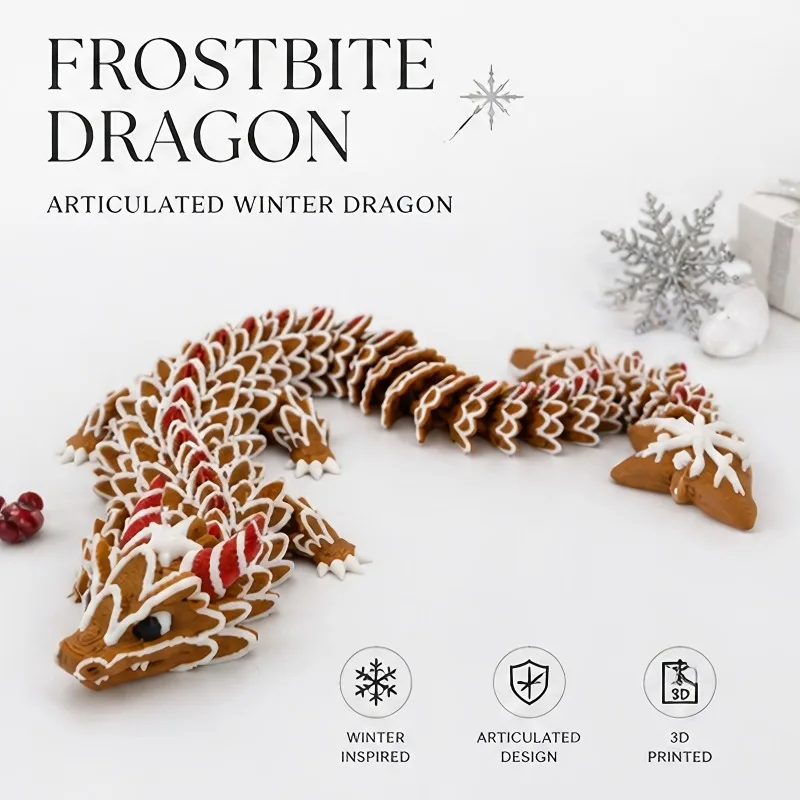 Christmas Gingerbread Dragon Figure, 3D Printed Articulated Dragon Ornament, Xmas Decor Stress Relief Fidget Toy Gift
