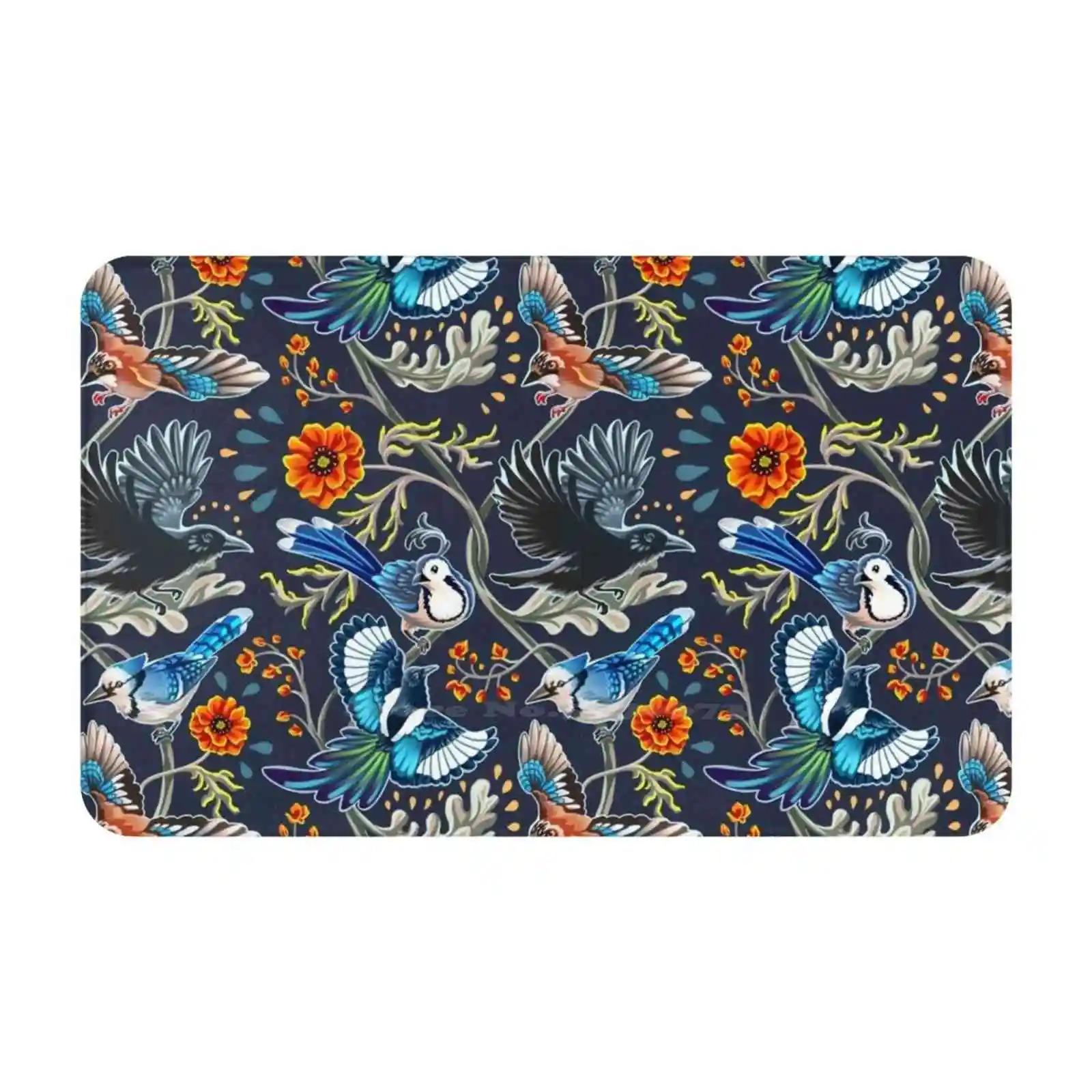 Not To Scale Soft Cushion Car Home Carpet Door Mat Bird Art Animal Flying Birds Crows Magpie Raven Bluejay Orange Poppy Poppies