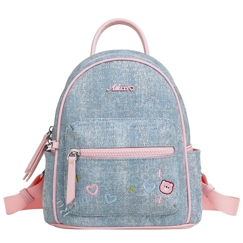 Niebieski denimowy haftowany plecak z misiem damski mini delikatny plecak szkolny damski uniwersalny casualowy kompaktowy Mochilas Mujer