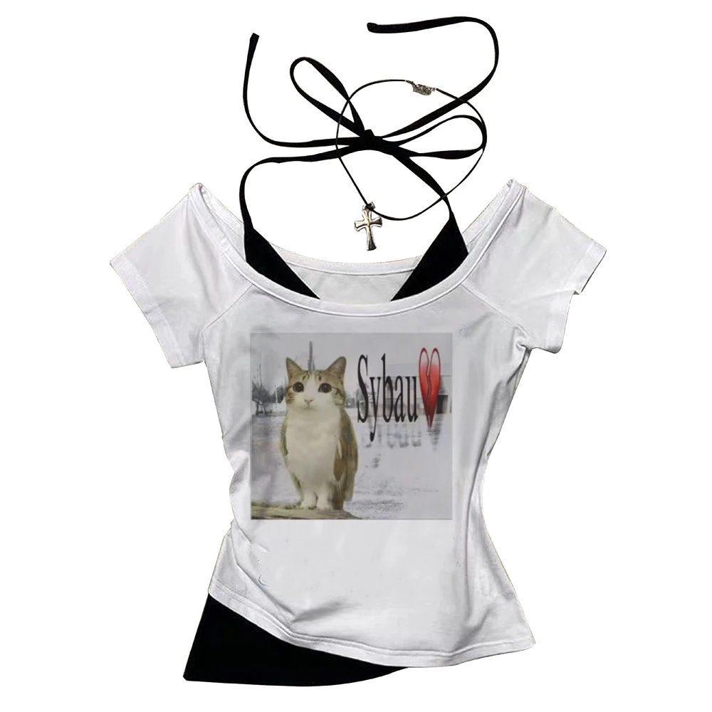 Meowl Crop Top Teen Anime Party Cute Jojifuku Ausverkauf T-Shirt Vintage Sommer Goth Grunge – Detail 5